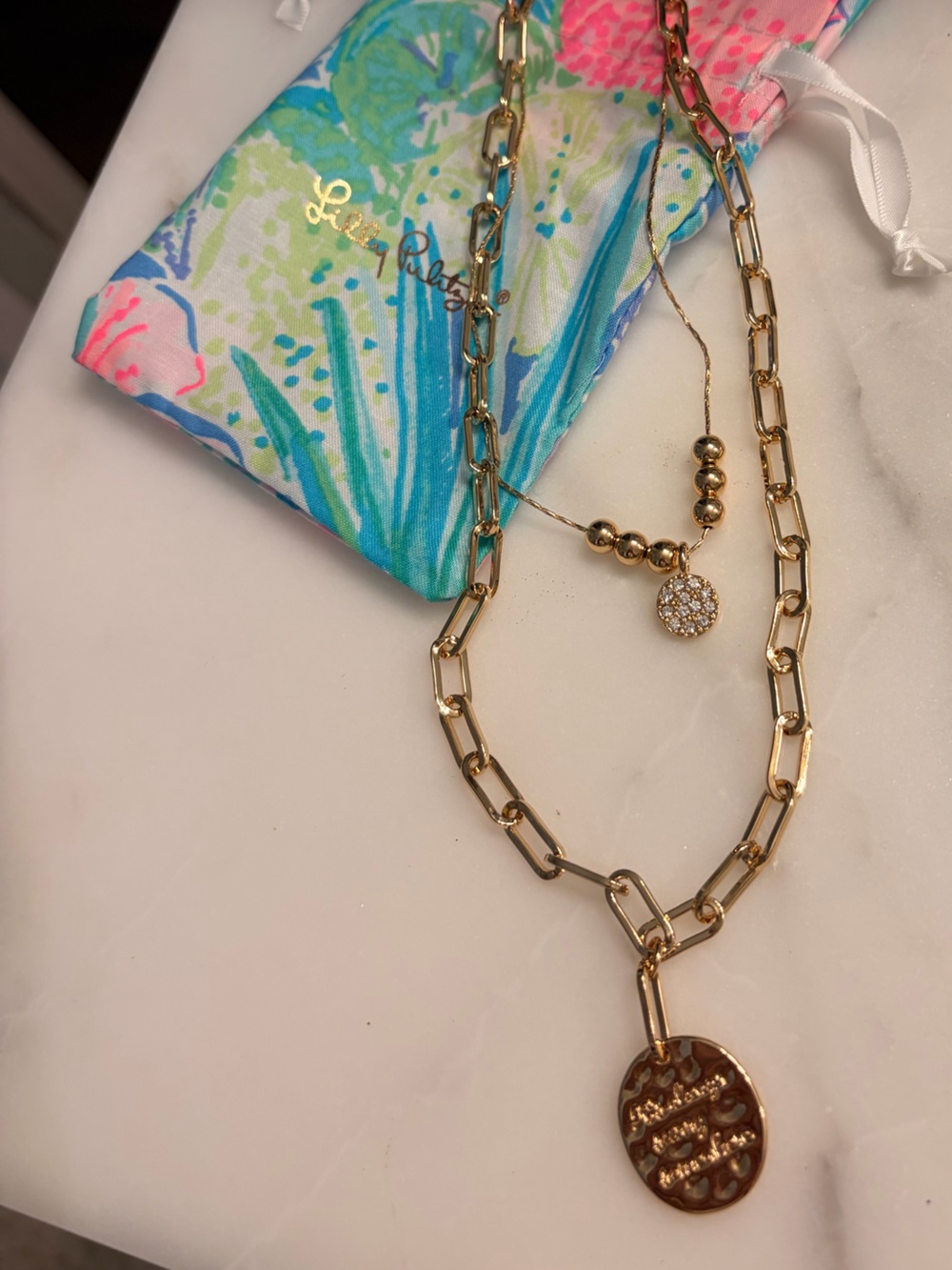 Lilly Pulitzer Gold-Tone Layered Link Necklace with Pave Disc and Oval Pendant